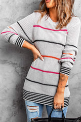 Gray Ribbed Knit Striped Sweater - Wear and Wander