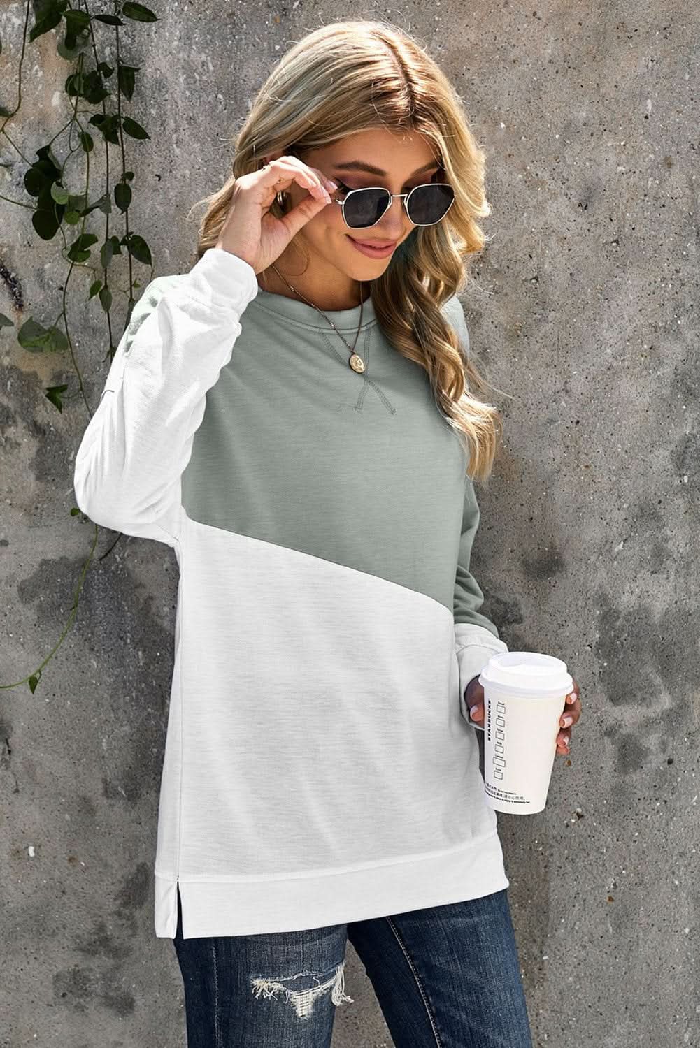 Gray White Patchwork Dropped Shoulder Sleeve Sweatshirt - Wear and Wander