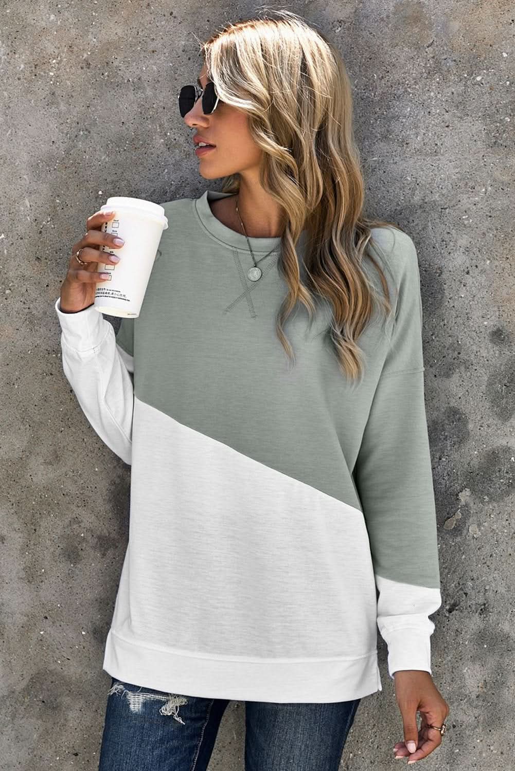 Gray White Patchwork Dropped Shoulder Sleeve Sweatshirt - Wear and Wander