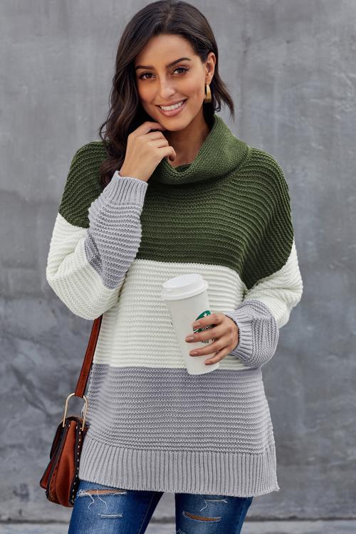 Green Gray Color Block Turtleneck Pullover Sweater - Wear and Wander