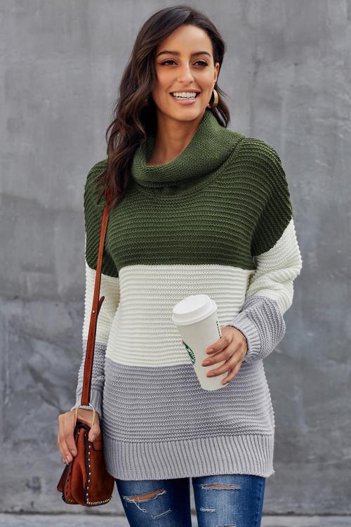 Green Gray Color Block Turtleneck Pullover Sweater - Wear and Wander