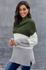 Green Gray Color Block Turtleneck Pullover Sweater - Wear and Wander