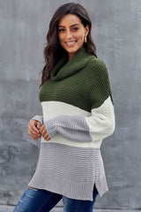 Green Gray Color Block Turtleneck Pullover Sweater - Wear and Wander