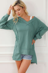 Green High Low Exposed Seam V Neck Loose Sweatshirt - Wear and Wander