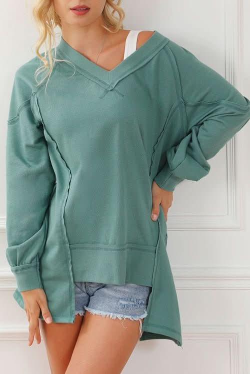 Green High Low Exposed Seam V Neck Loose Sweatshirt - Wear and Wander