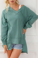 Green High Low Exposed Seam V Neck Loose Sweatshirt - Wear and Wander