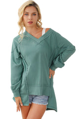 Green High Low Exposed Seam V Neck Loose Sweatshirt - Wear and Wander