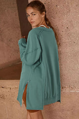 Green High Low Exposed Seam V Neck Loose Sweatshirt - Wear and Wander