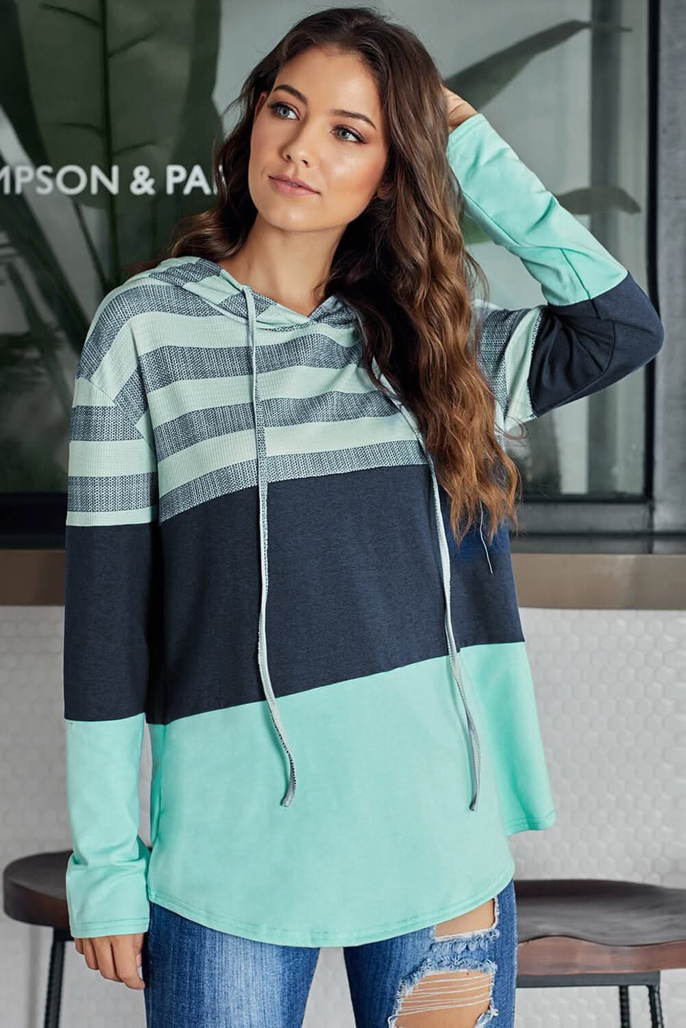 Green Speak to Me Color Block Drawstring Hoodie - Wear and Wander