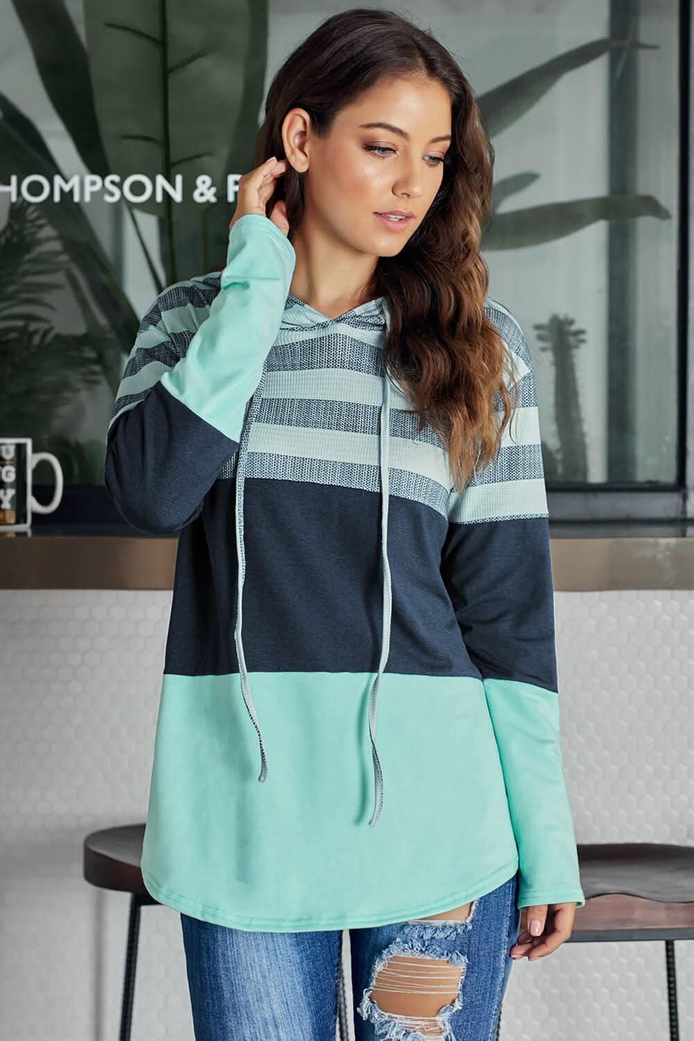 Green Speak to Me Color Block Drawstring Hoodie - Wear and Wander