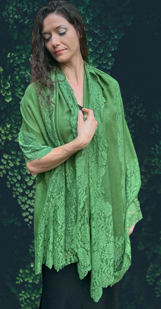 Green Wool and Silk Lace Scarf / Wrap - Wear and Wander