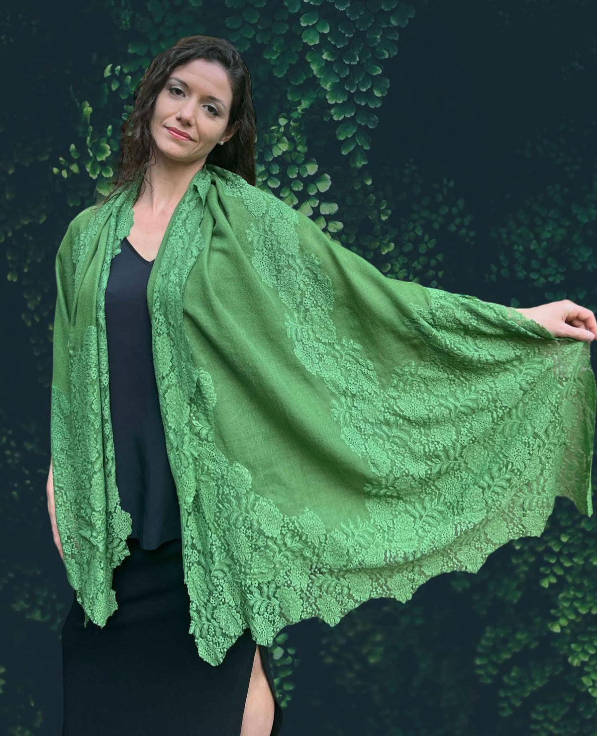 Green Wool and Silk Lace Scarf / Wrap - Wear and Wander