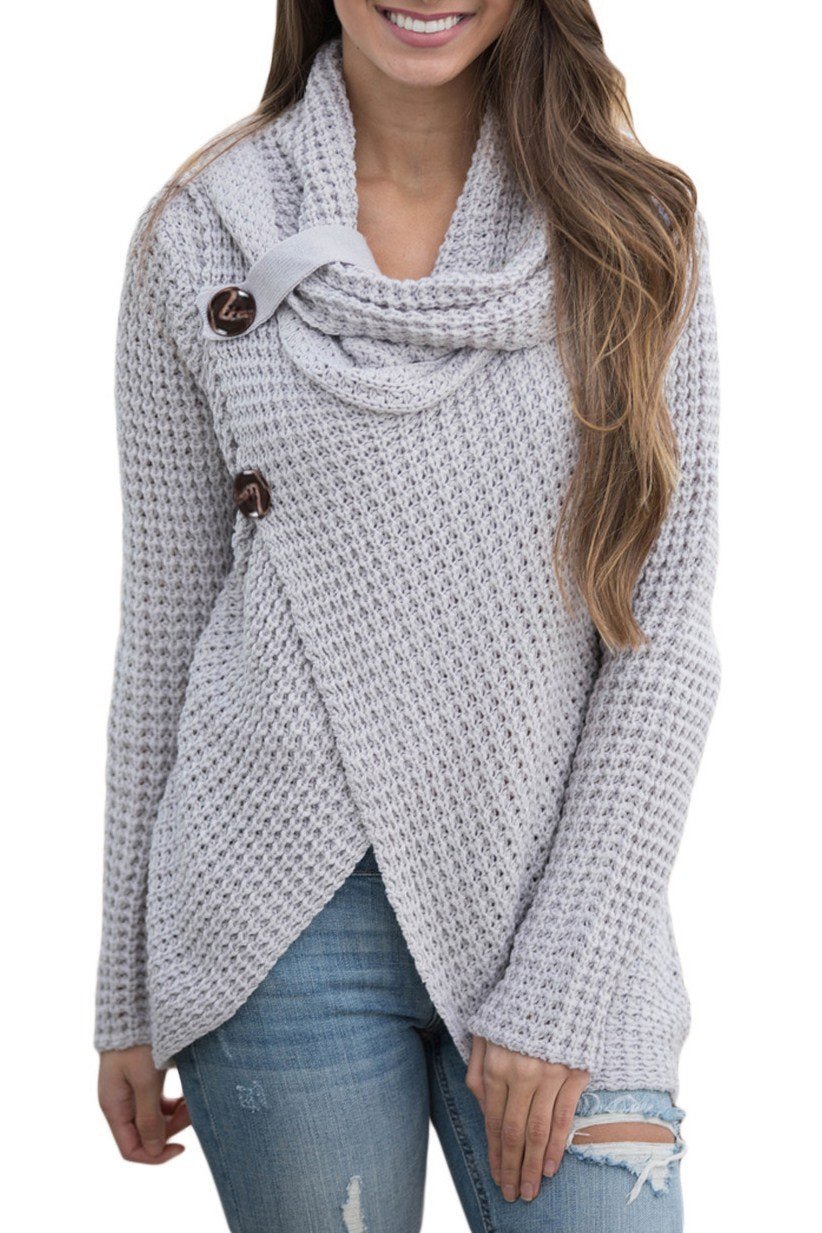 Grey Button Wrap Cowl Neck Sweater - Wear and Wander