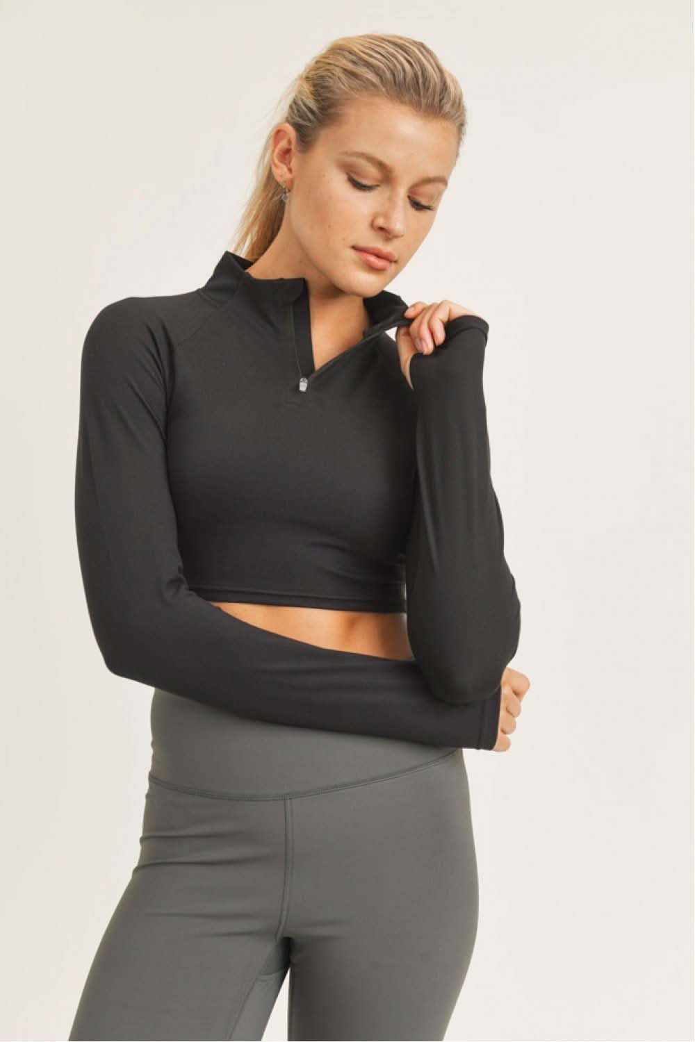 High - Neck Cropped Active Top with Long Sleeves & Thumbholes - Wear and Wander