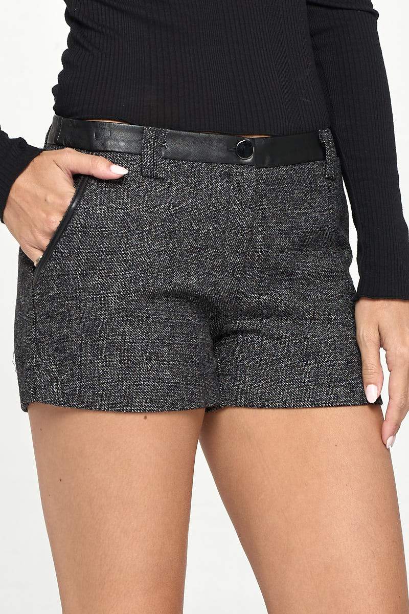 High - Waist Tweed Shorts with Faux Leather Trim - Wear and Wander