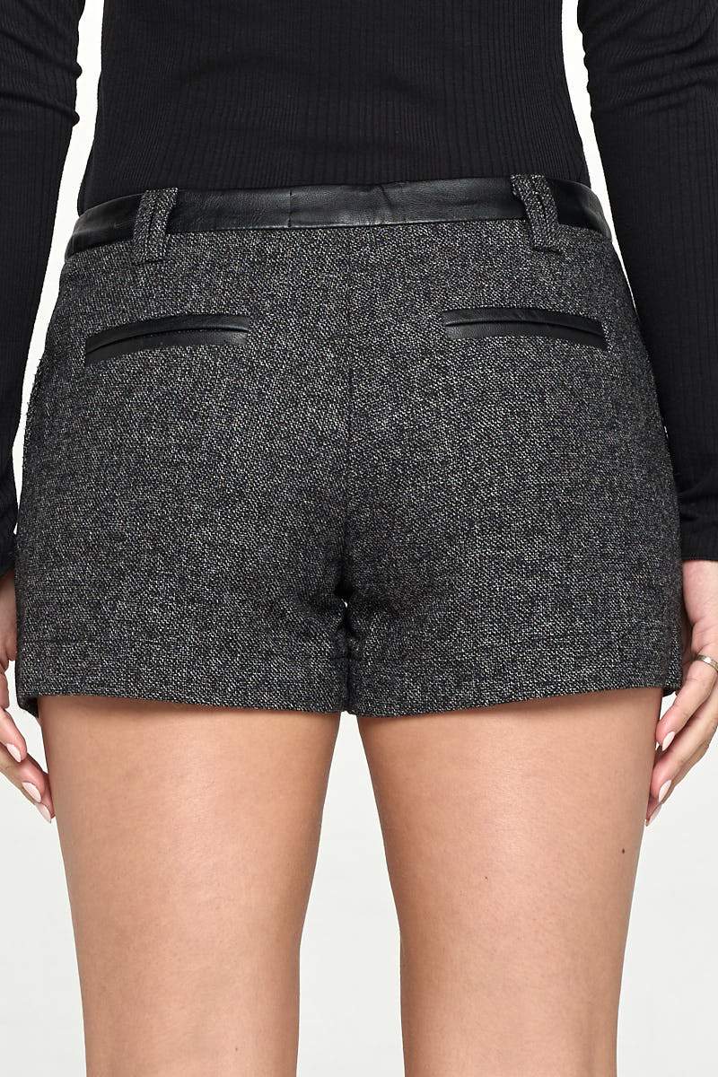 High - Waist Tweed Shorts with Faux Leather Trim - Wear and Wander