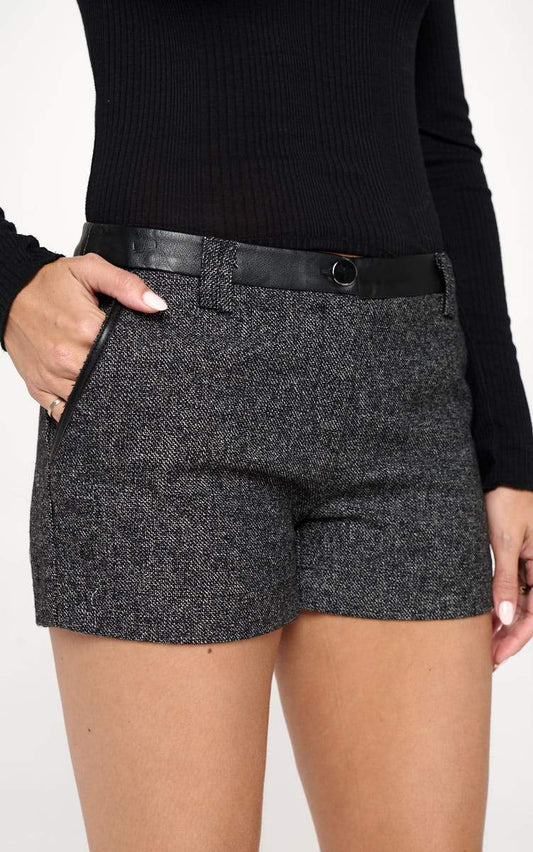 High - Waist Tweed Shorts with Faux Leather Trim - Wear and Wander