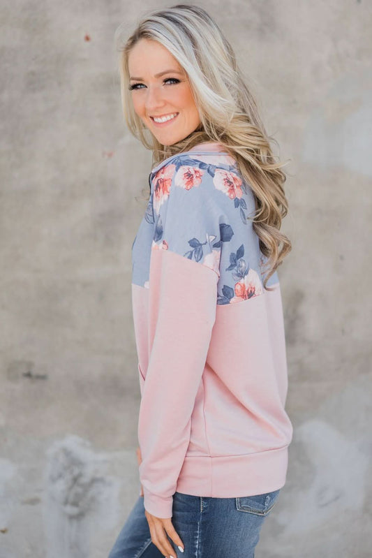 Hot Floral Splice Pink Kangaroo Pocket Zip Collar Sweatshirt - Wear and Wander