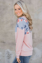 Hot Floral Splice Pink Kangaroo Pocket Zip Collar Sweatshirt - Wear and Wander