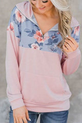 Hot Floral Splice Pink Kangaroo Pocket Zip Collar Sweatshirt - Wear and Wander