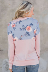 Hot Floral Splice Pink Kangaroo Pocket Zip Collar Sweatshirt - Wear and Wander