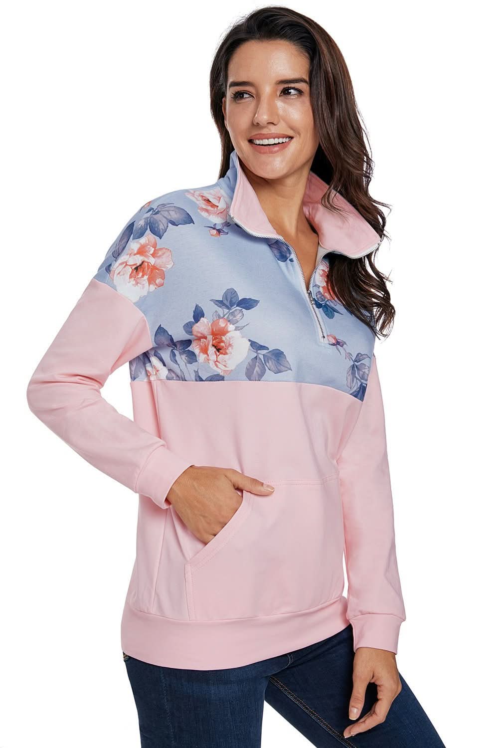 Hot Floral Splice Pink Kangaroo Pocket Zip Collar Sweatshirt - Wear and Wander