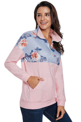 Hot Floral Splice Pink Kangaroo Pocket Zip Collar Sweatshirt - Wear and Wander