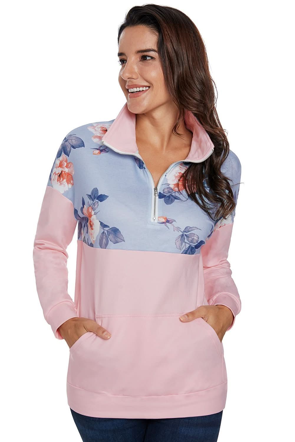 Hot Floral Splice Pink Kangaroo Pocket Zip Collar Sweatshirt - Wear and Wander