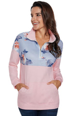 Hot Floral Splice Pink Kangaroo Pocket Zip Collar Sweatshirt - Wear and Wander