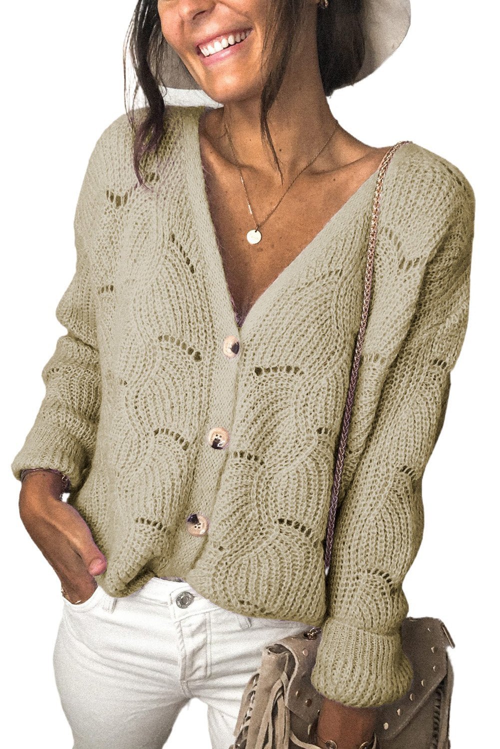 Khaki V Shaped Neckline Buttoned Knit Sweater - Wear and Wander