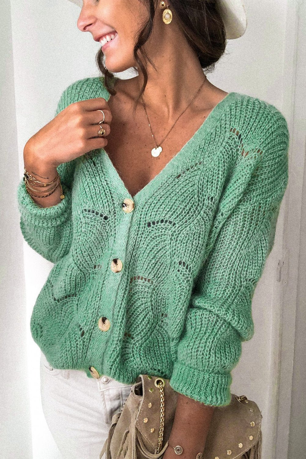 Khaki V Shaped Neckline Buttoned Knit Sweater - Wear and Wander