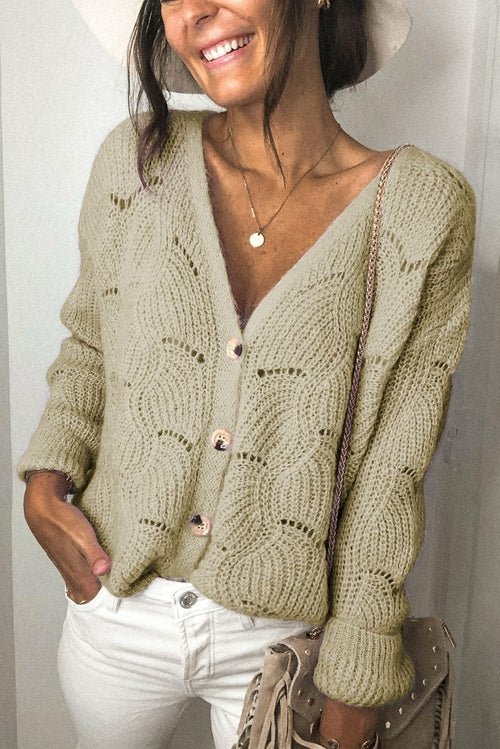 Khaki V Shaped Neckline Buttoned Knit Sweater - Wear and Wander