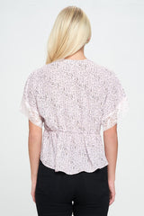 Lace Detail V - Neck Blouse with Short Sleeves - Wear and Wander