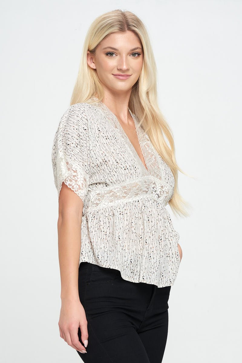 Lace Detail V - Neck Blouse with Short Sleeves - Wear and Wander