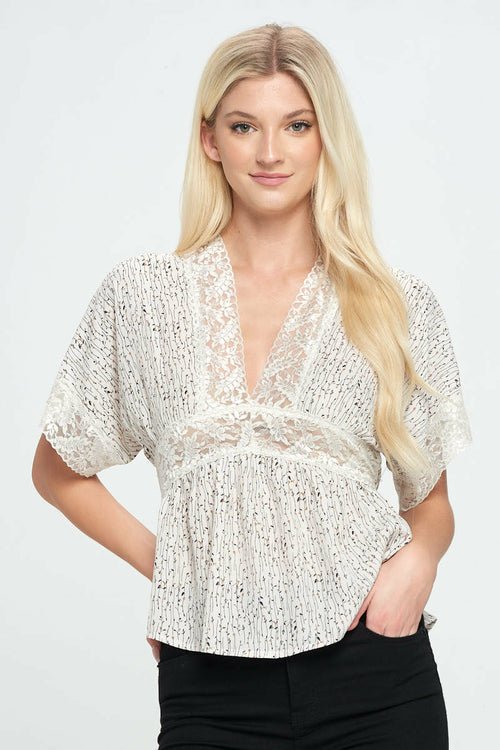 Lace Detail V - Neck Blouse with Short Sleeves - Wear and Wander