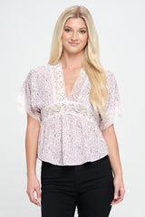 Lace Detail V - Neck Blouse with Short Sleeves - Wear and Wander