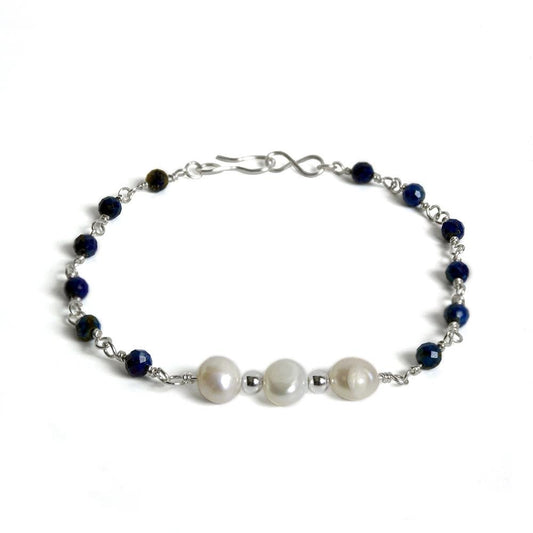 Lapis Lazuli and Freshwater Pearl Sterling Silver Chain Bracelet - Wear and Wander