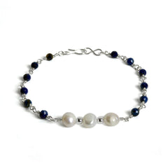 Lapis Lazuli and Freshwater Pearl Sterling Silver Chain Bracelet - Wear and Wander