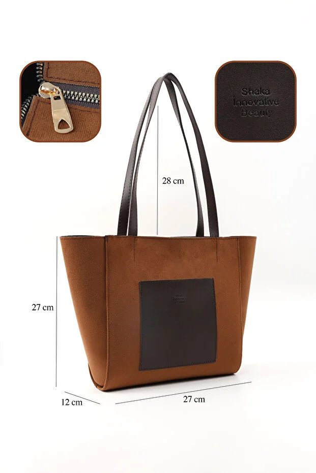 Large Faux Leather Zip Closure Tote Bag with Front Pocket Bag Brown - Wear n Wander