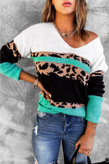 Leopard Color Block V Neck Sweater - Wear and Wander