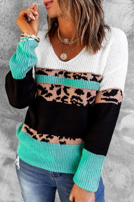 Leopard Color Block V Neck Sweater - Wear and Wander