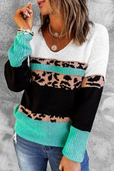 Leopard Color Block V Neck Sweater - Wear and Wander