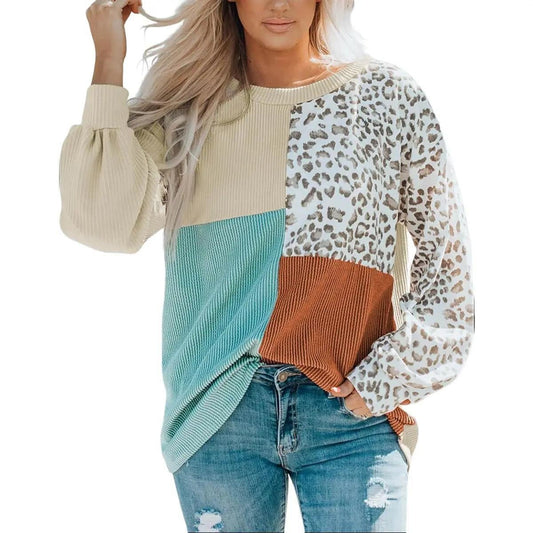 Leopard Patchwork Color Block Ribbed Long Sleeve Top - Wear n Wander