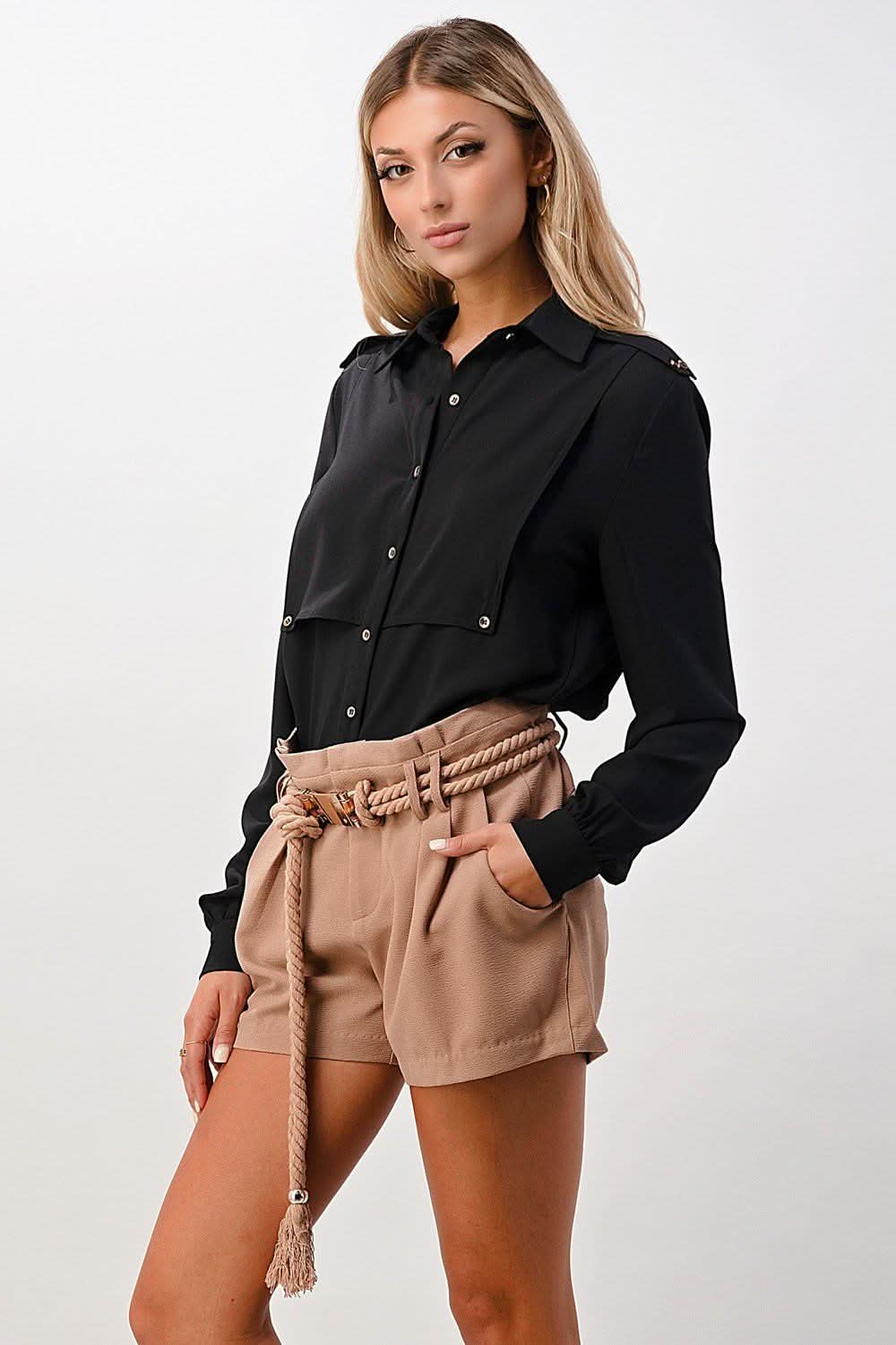 Long Sleeve Button - Down Blouse with Gold Button Accents - Wear and Wander