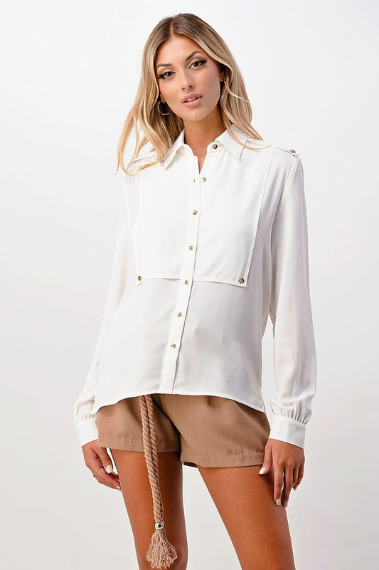 Long Sleeve Button - Down Blouse with Gold Button Accents - Wear and Wander