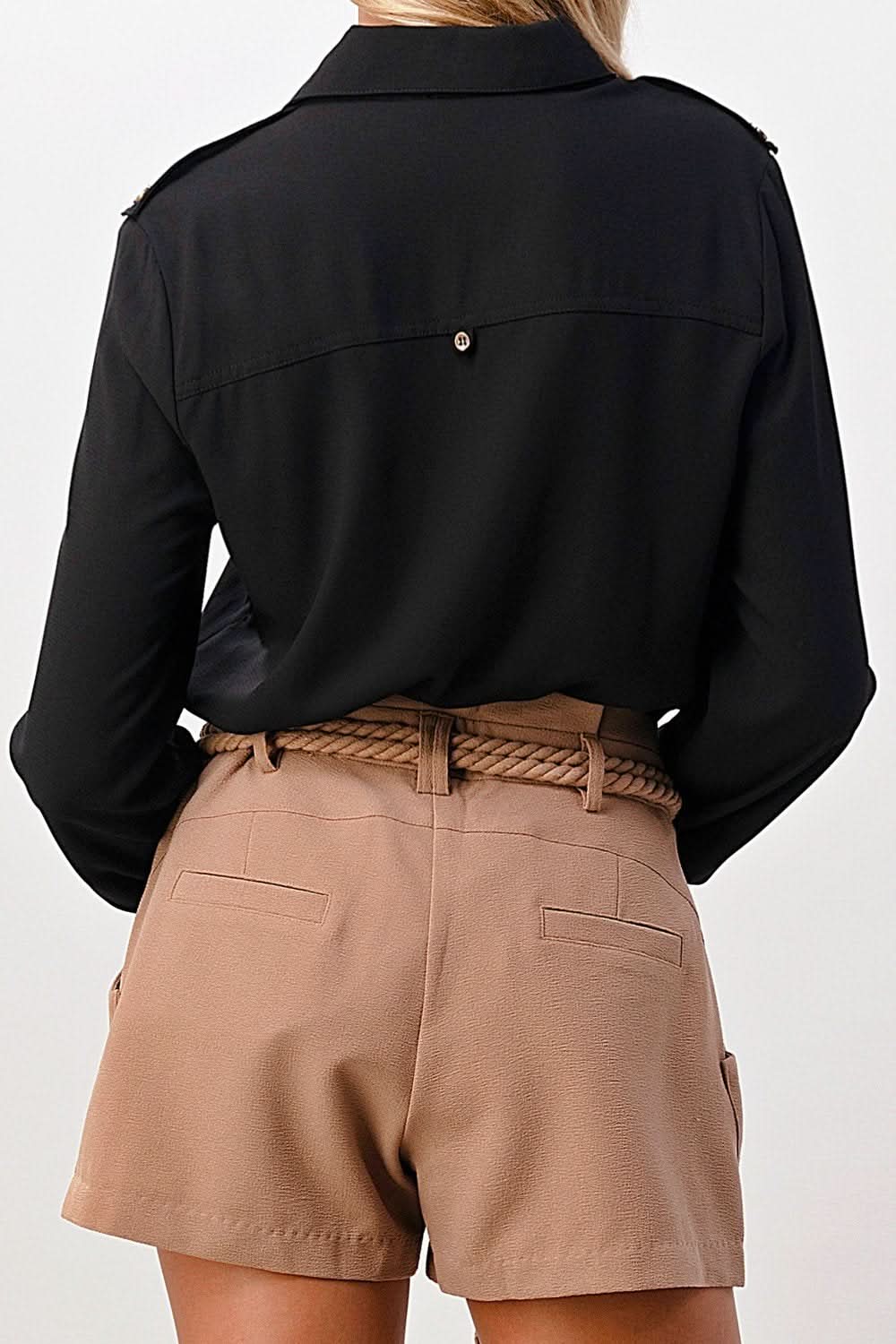 Long Sleeve Button - Down Blouse with Gold Button Accents - Wear and Wander