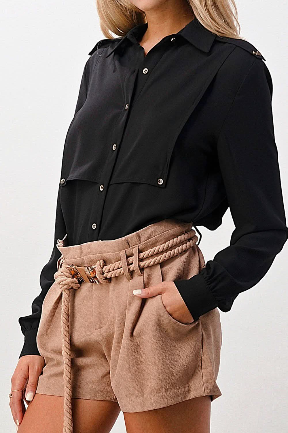 Long Sleeve Button - Down Blouse with Gold Button Accents - Wear and Wander