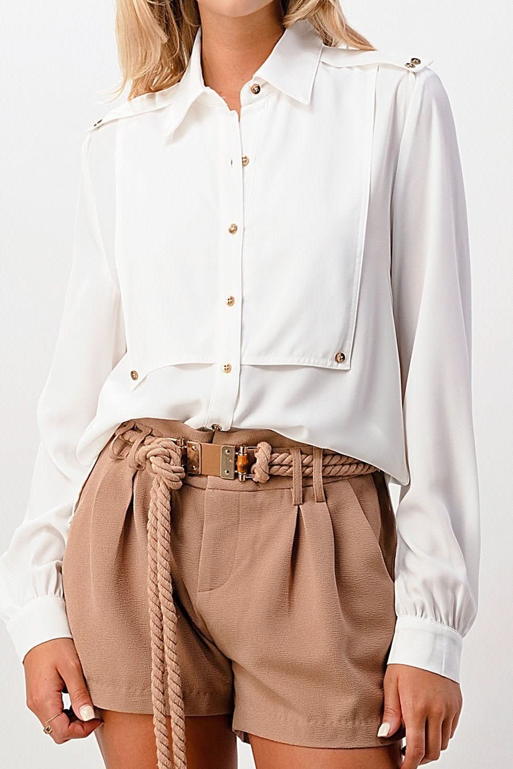 Long Sleeve Button - Down Blouse with Gold Button Accents - Wear and Wander