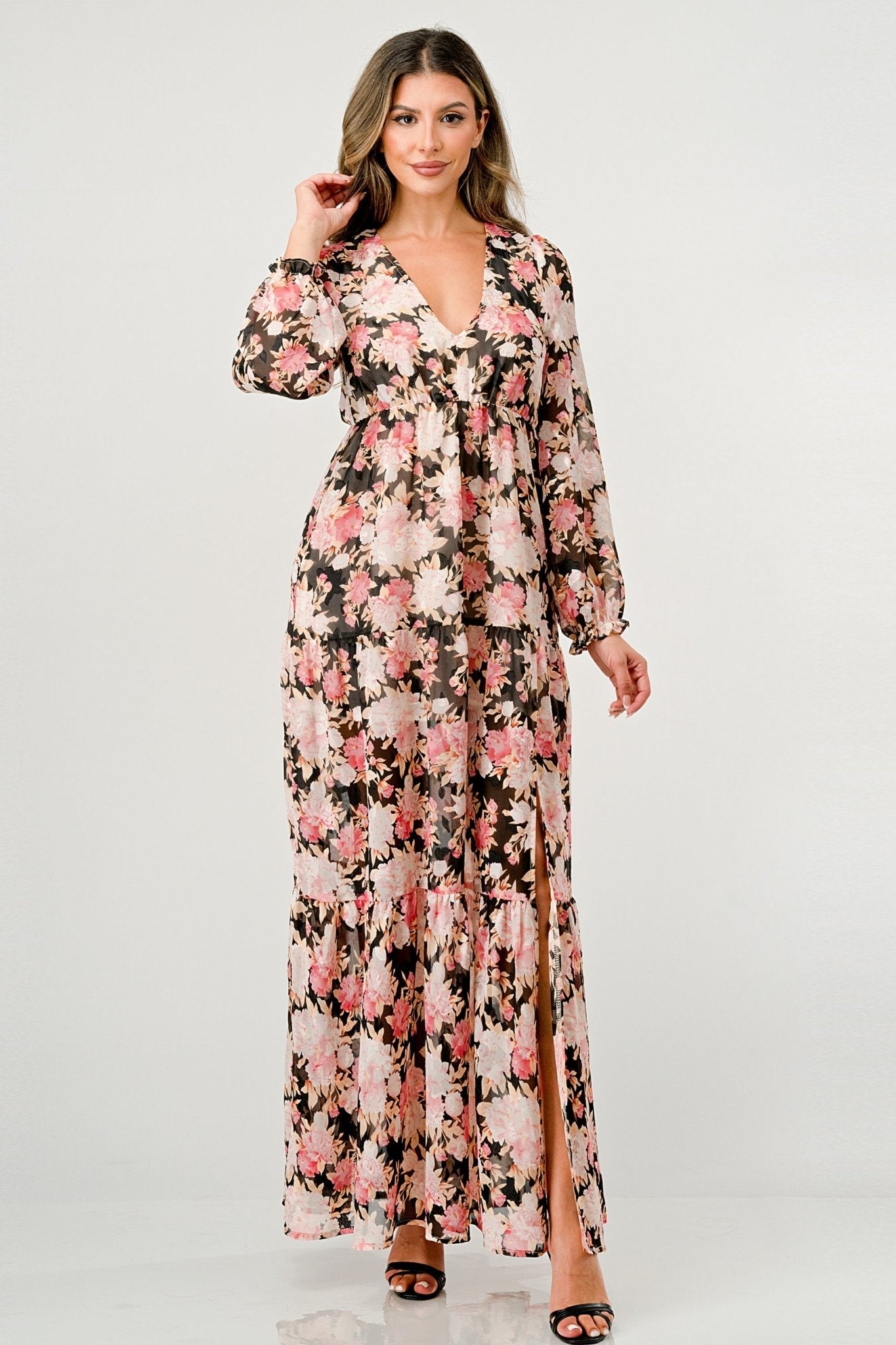 Long Sleeve Maxi Dress with High Slit and Tiered Skirt - Wear and Wander