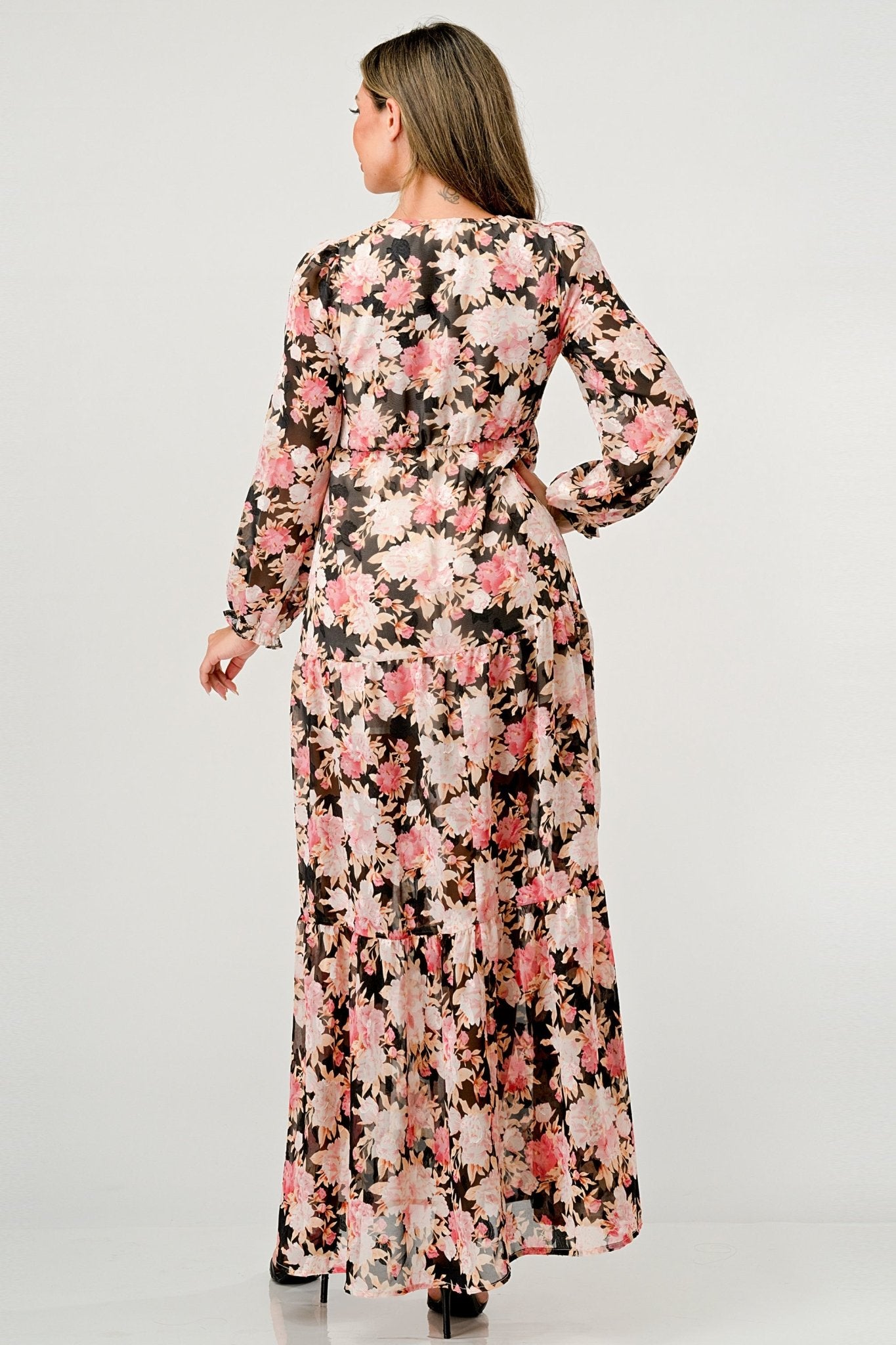 Long Sleeve Maxi Dress with High Slit and Tiered Skirt - Wear and Wander